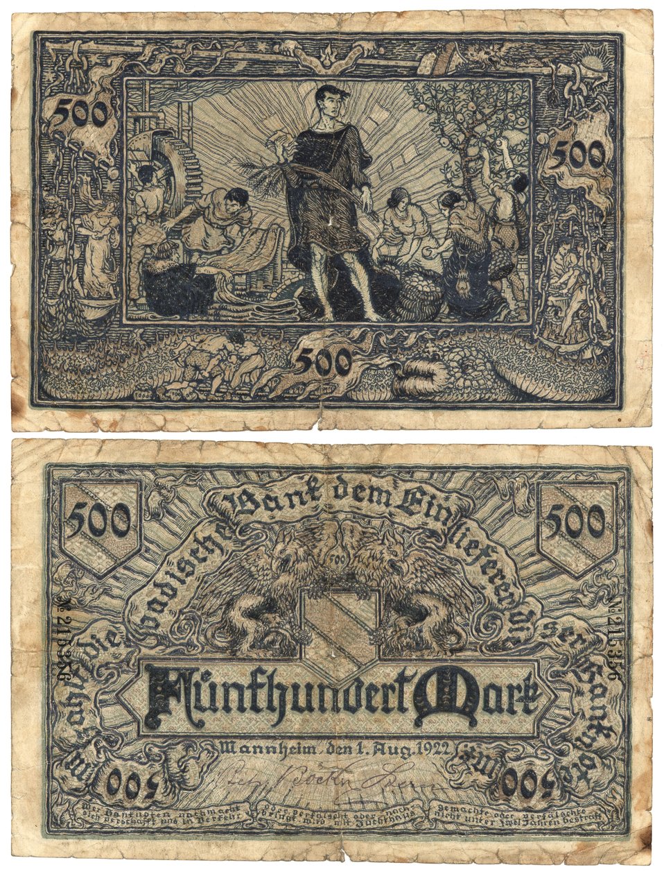 Eine Fünfhundert-Mark-Banknote, 1922 (Vorder- und Rückseite) von German School
