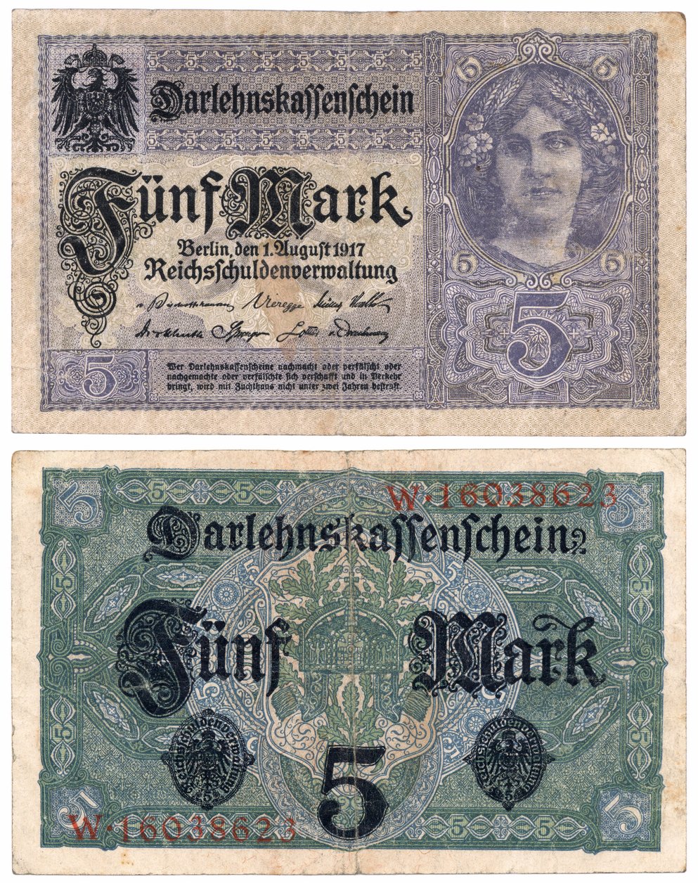 Eine Fünf-Mark-Banknote, 1917 (Vorder- und Rückseite) von German School