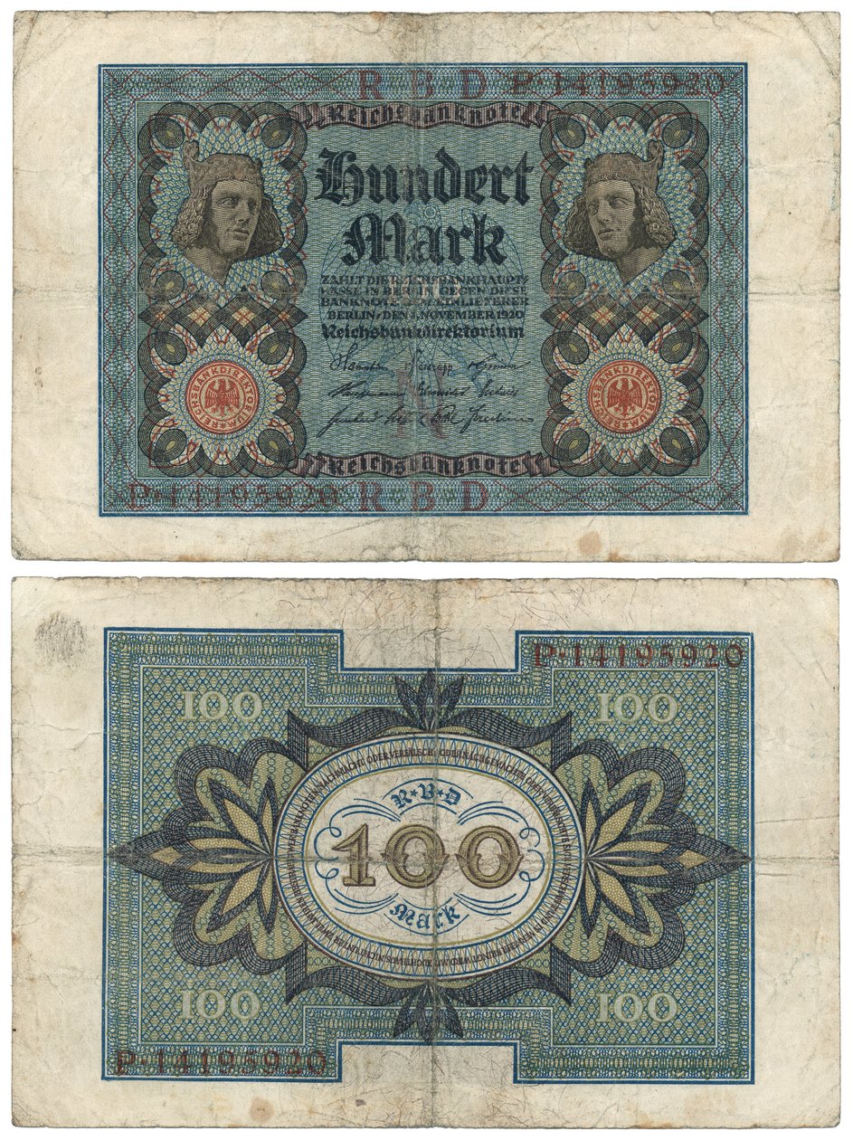 Eine Hundert-Mark-Banknote, 1920 (Vorder- und Rückseite) von German School
