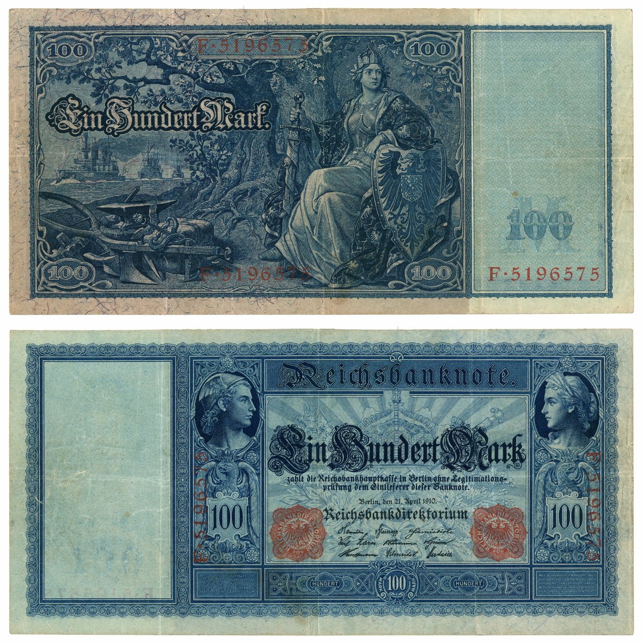 Eine Hundert-Mark-Banknote, 1910 (Vorder- und Rückseite) von German School