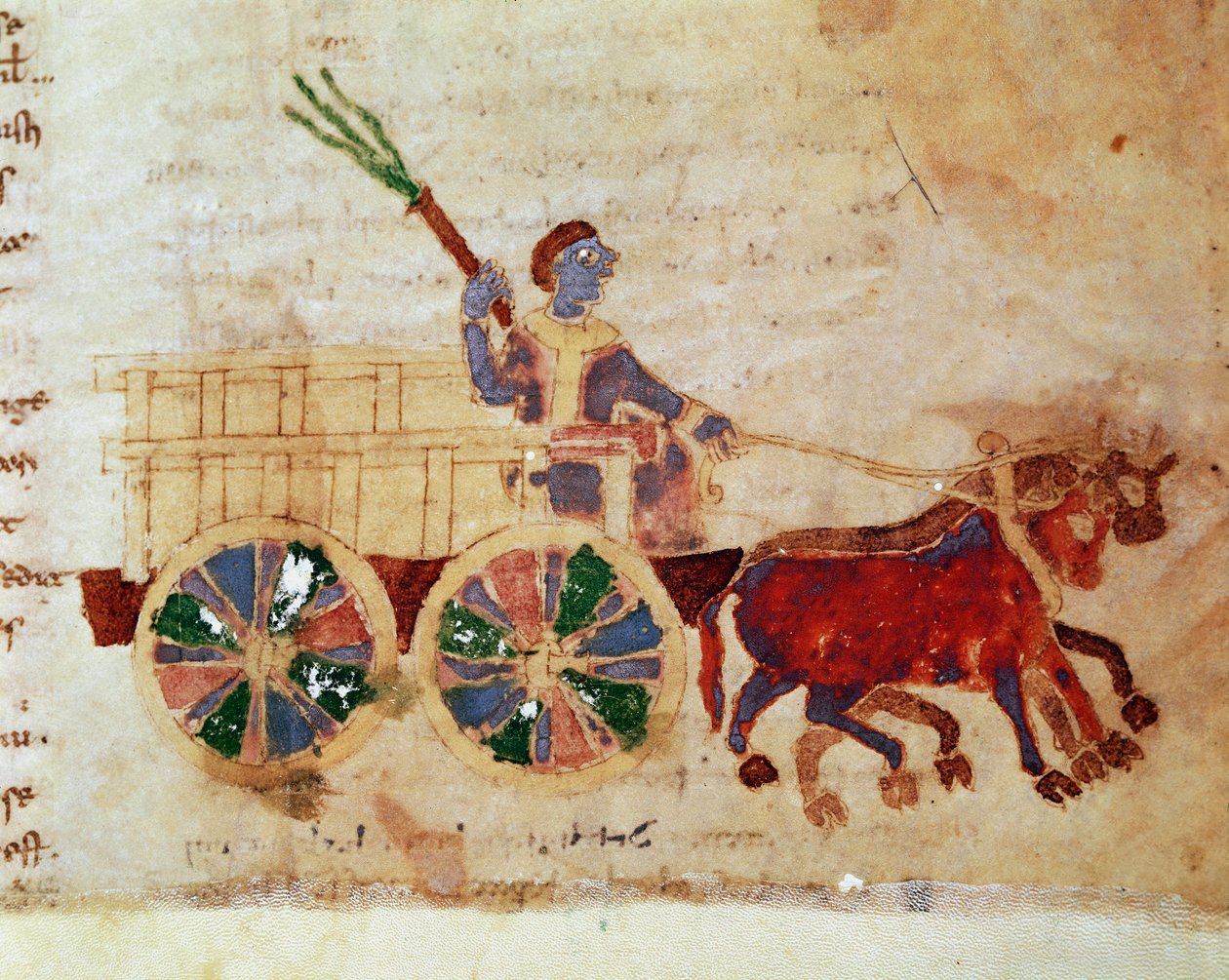 Ein Bauer auf einem Miniaturwagen aus dem Manuskript „De Universo“ (oder De rerum naturis (Von der Natur der Dinge)) (cod. 132) von Rabanus Maurus Magnentius (oder Raban Maur oder Rabano Mauro) (ca. 780-856) von German School