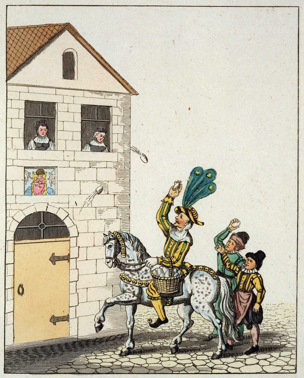 Ein Rundtanz auf dem Hauptplatz der Stadt, aus Alte Nürnberger Bräuche und Possenreiter auf einem Scheckenpferd, Eier werfend, aus Alte Nürnberger Bräuche und Spiele und Lieder, neu veröffentlicht 1831 von German School