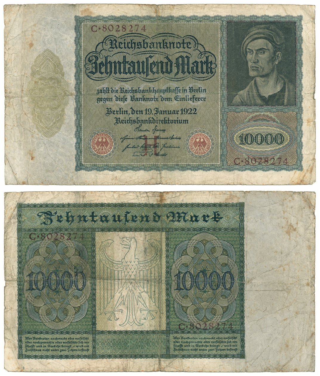 Eine Zehntausend-Mark-Banknote, 1922 (Vorder- und Rückseite) von German School