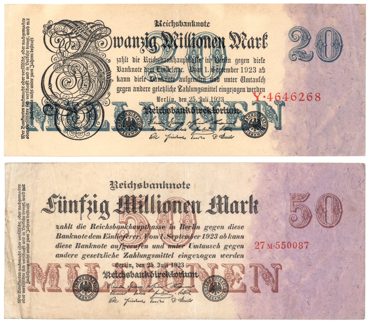 Eine Zwanzig- und Fünfzig-Millionen-Mark-Banknoten, 1923 von German School