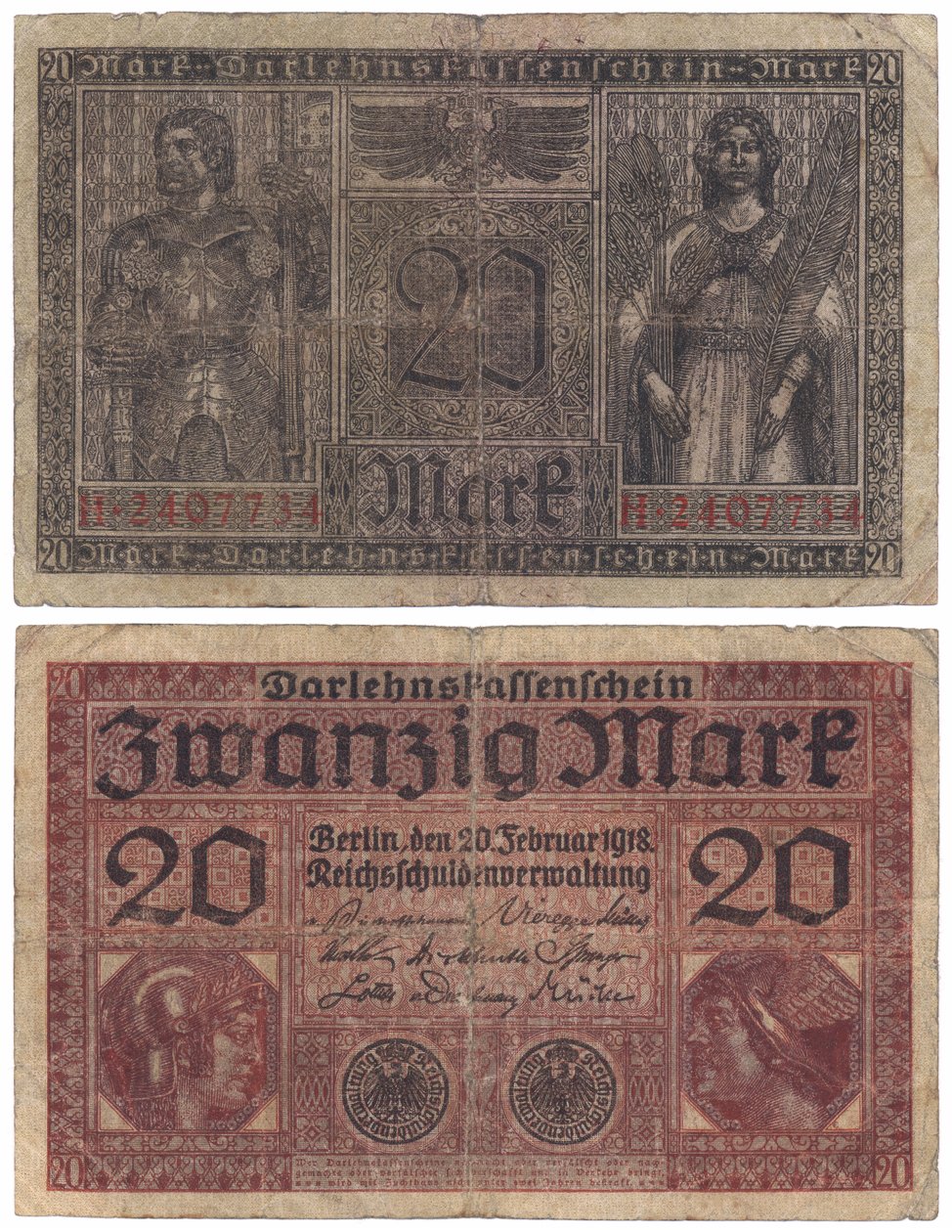 Eine Zwanzig-Mark-Banknote, 1918 (Vorder- und Rückseite) von German School