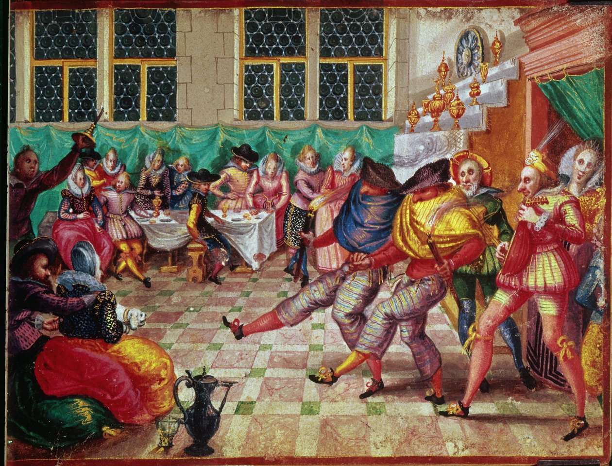 Reisende Schauspieler kommen zu einem Herrenhaus, um ihre Aufführung zu präsentieren, aus dem Album Amicorum, von Moyses Walens, Köln von German School