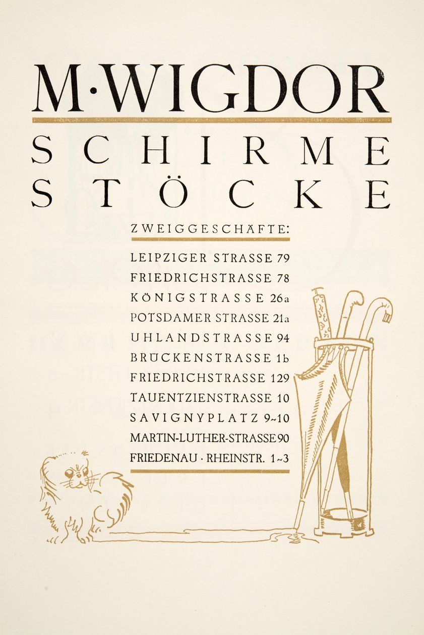 Werbung für M. Wigdor, Regenschirmgeschäfte, aus Styl, veröffentlicht 1922 von German School
