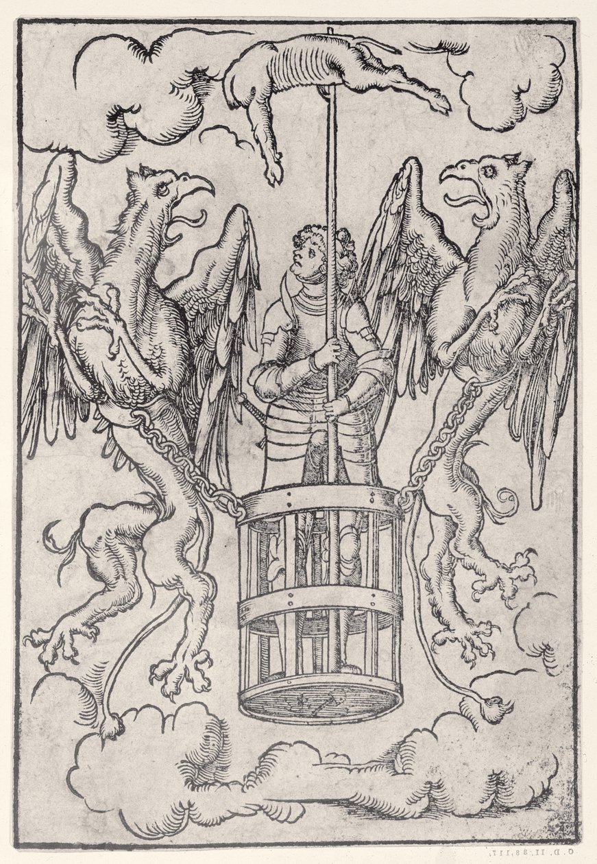 Alexander der Große wird von zwei Greifen in die Luft getragen, um 1525 von German School
