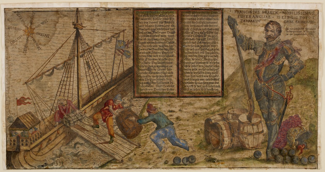 Ein illustriertes Flugblatt, das Francis Drakes Feldzug gegen die Spanier feiert, Illustration aus 