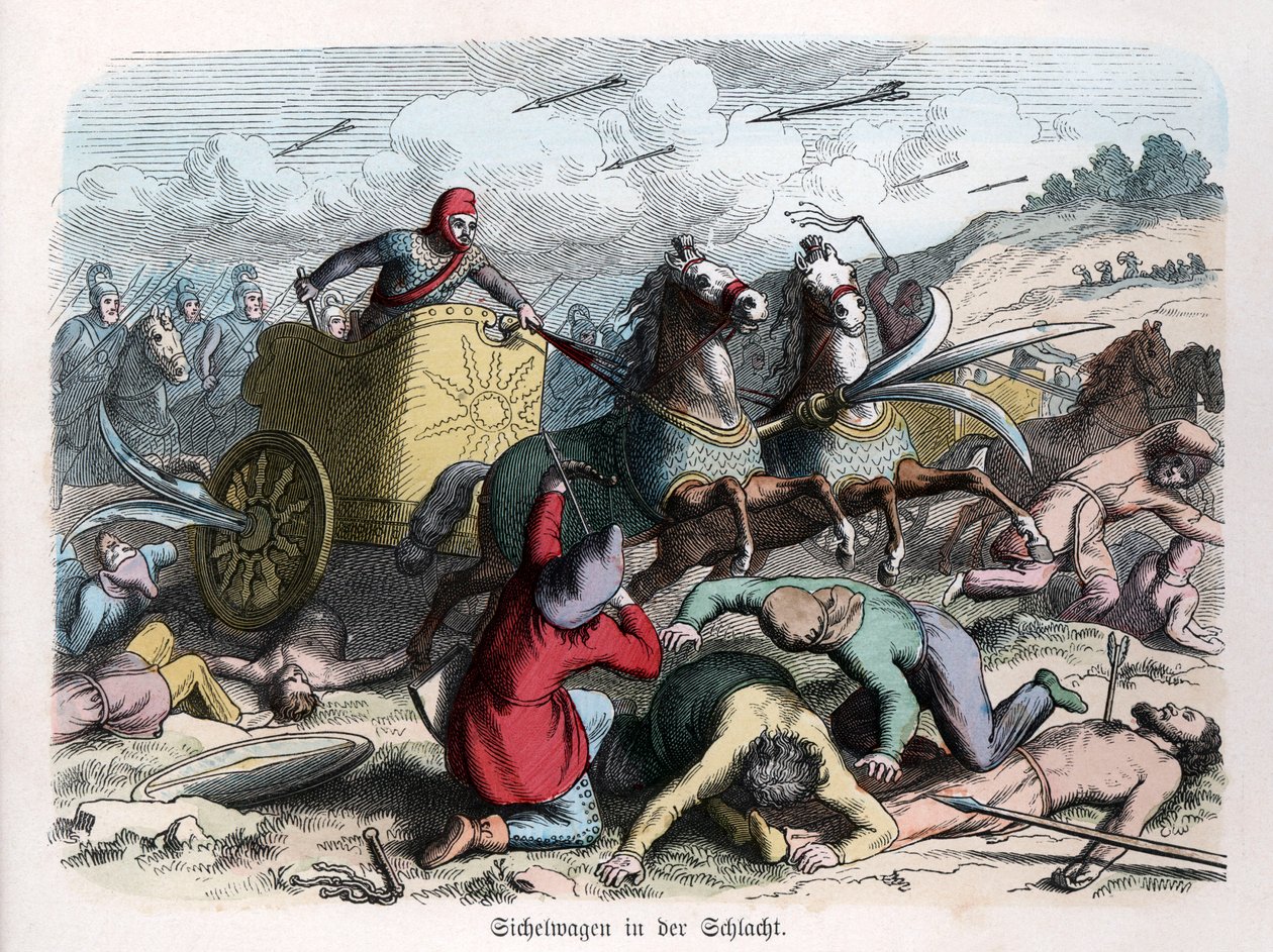 Alte Geschichte. Persien. Kriegsschariot mit Sicheln in den Rädern (Gravur) von German School