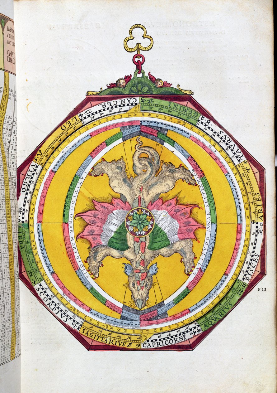 BT1.70.2 Volvelleor mit dem Tierkreis, Illustration aus Astronomicum Caesareum von Peter Apian (Bennewitz) (1495-1552) veröffentlicht in Ingolstadt, 1540 (kolorierter Holzschnitt) von German School