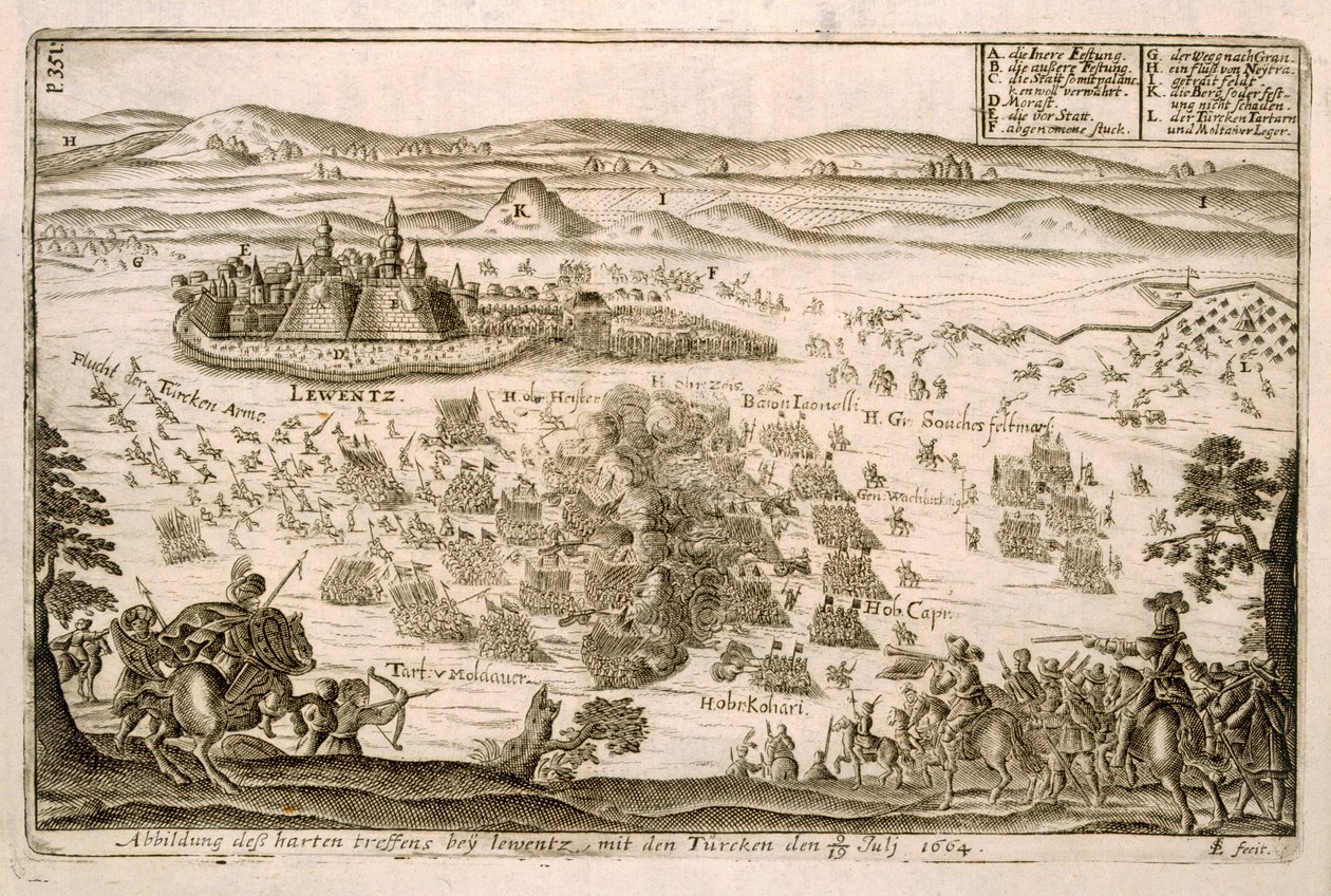 Schlacht bei der Stadt Levice im Jahr 1664, Illustration aus einem Buch über die osmanischen Feldzüge in Europa, graviert von Paul Furst (ca.1605-66) von German School
