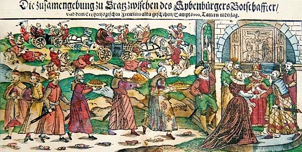 Flugblattzeitung und Illustrationen der Stellvertreterhochzeit im März 1595 von Erzherzogin Maria Christina von Österreich mit dem Botschafter von Sigismund Báthory, Fürst von Siebenbürgen (Transsilvanien) und der Schlacht von Călugăreni im August 1595 von German School