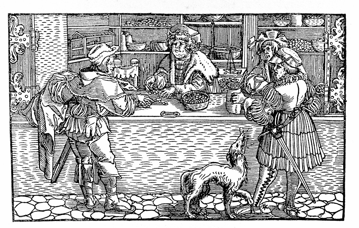 Wechselstube und Tauschhandel. Deutsche Xylographie des 16. Jahrhunderts von German School
