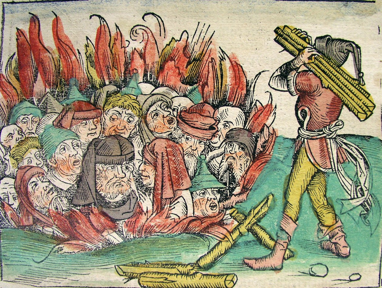 Verbrennung der Juden, veröffentlicht in der Nürnberger Chronik, 1493 von German School