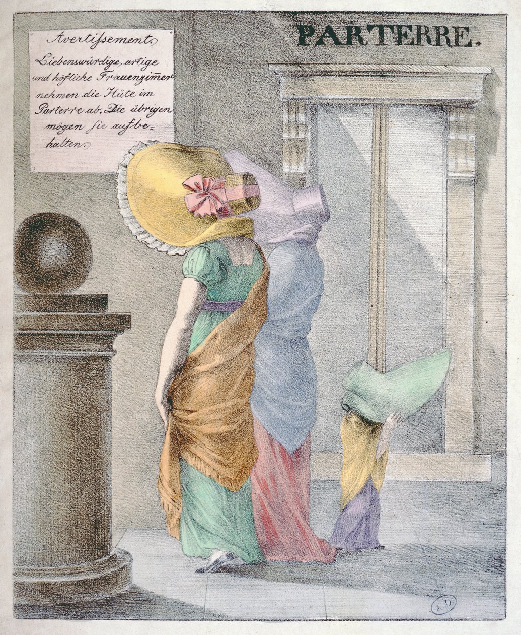 Karikatur, die die Mode verspottet, dass Damen riesige Hüte tragen, um 1820 von German School