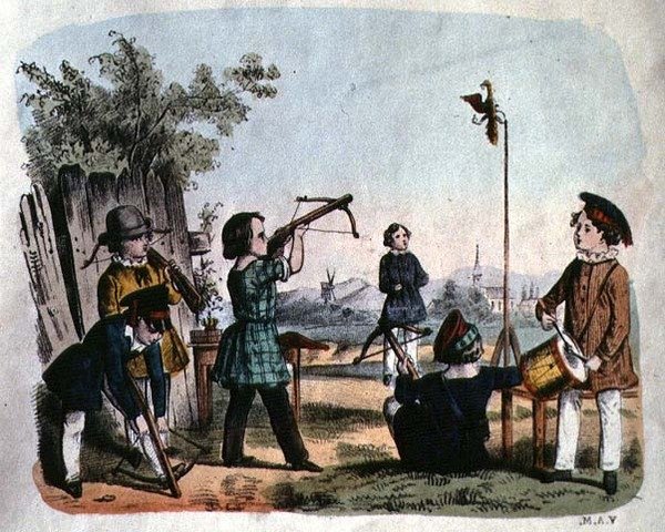 Kinder schießen auf ein Ziel mit einer Arkebuse, ca. 1860 von German School