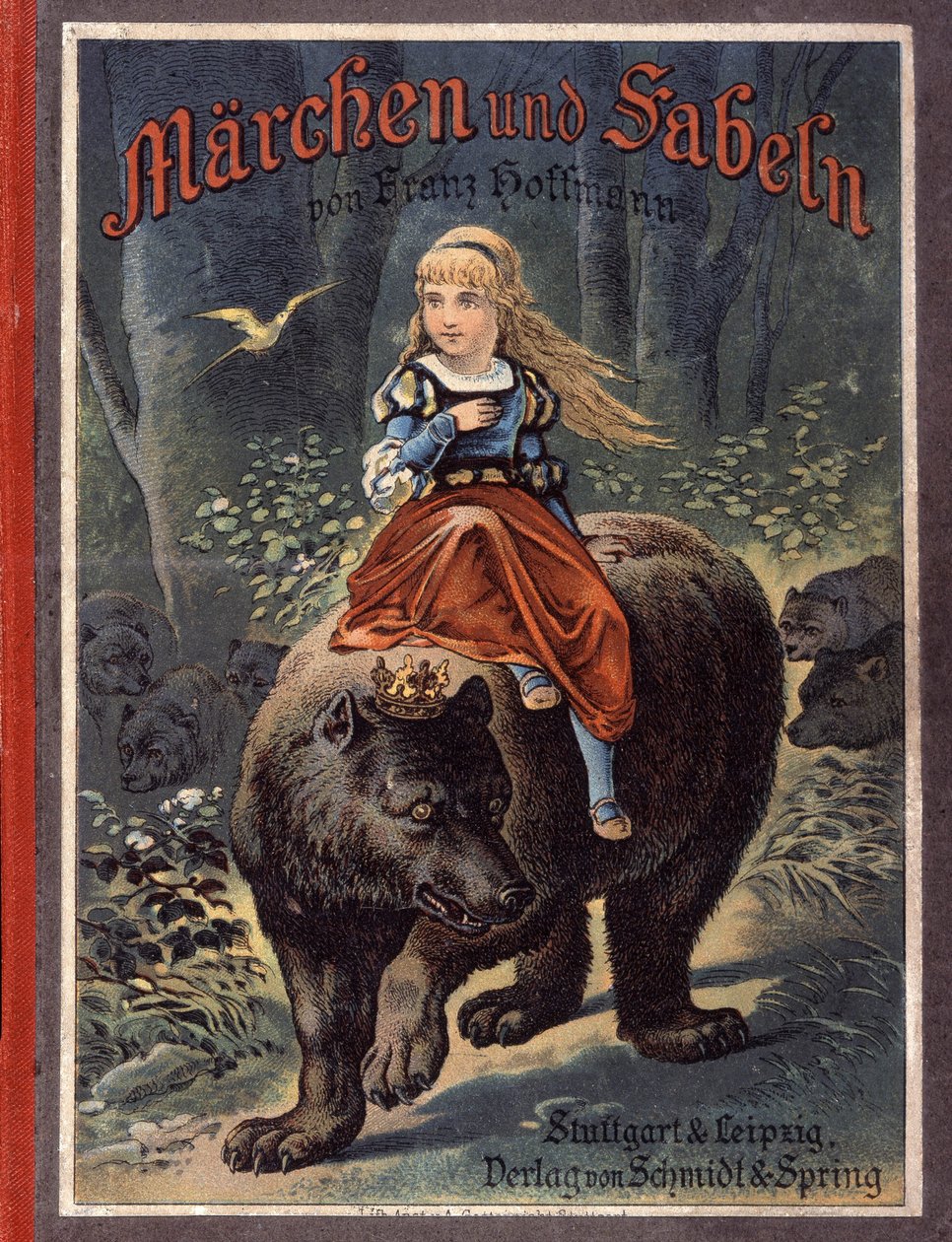 Titelblatt von Franz Hoffmanns Märchen „Märchen und Fabeln: Von Prinzessin Sternröschen“: Ein Mädchen auf einem Bären. Chromolithographie des 19. Jahrhunderts. von German School