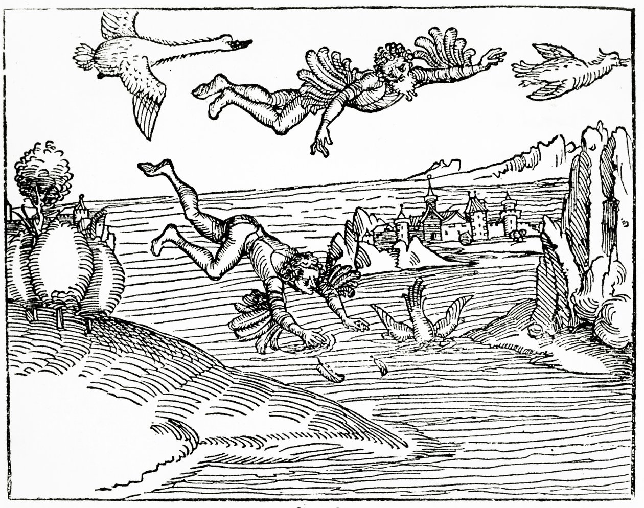 Daedalus, der mit seinem Sohn Ikarus aus Kreta flieht, sieht ihn zu seinem Tod stürzen, 1493 von German School