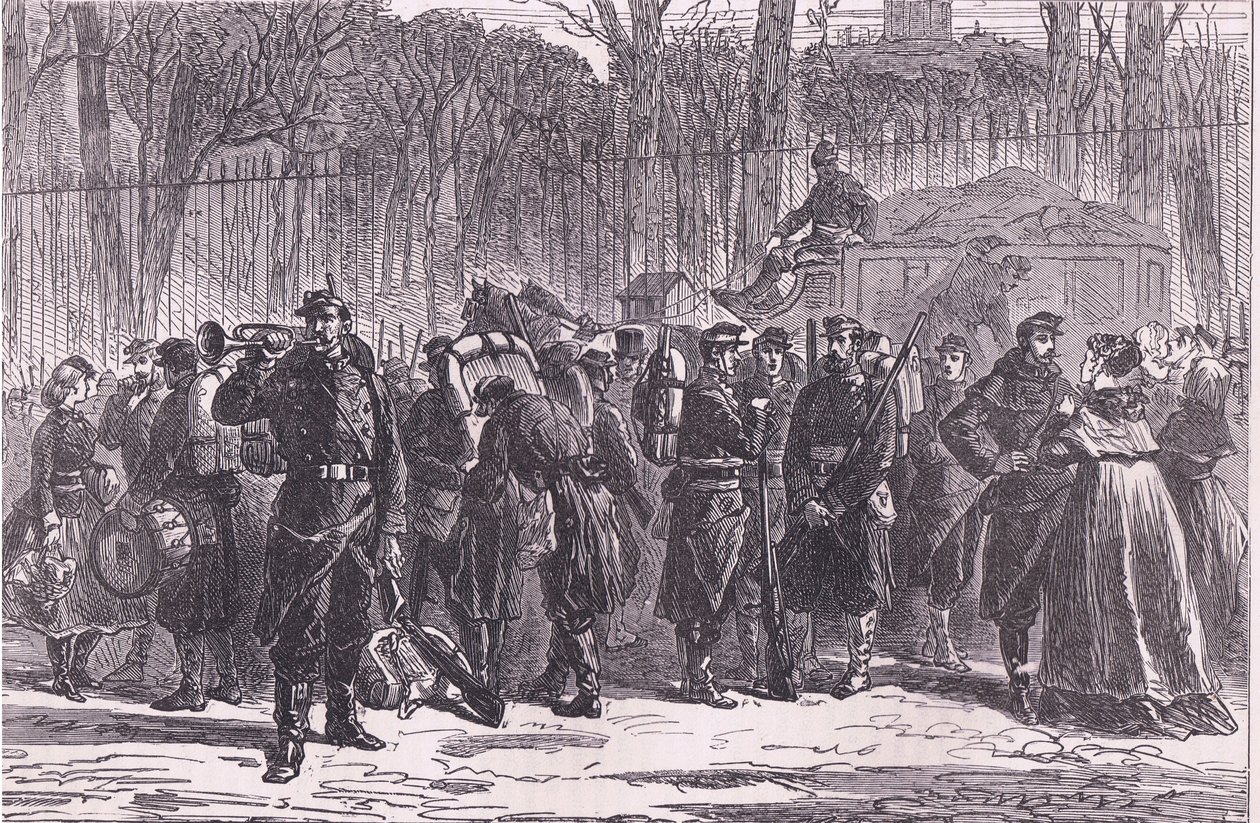 Abmarsch des Zehnten Regiments der Nationalgarde zu den vorgeschobenen Posten, Cassells Geschichte des Krieges zwischen Frankreich und Deutschland, veröffentlicht von Cassell and Company Limited, ca. 1890 von German School