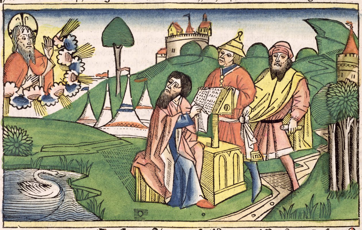Deuteronomium: Frontispiz, in dem Gott die Gesetze macht, aus der Nürnberger Bibel (Biblia Sacra Germanaica) von German School