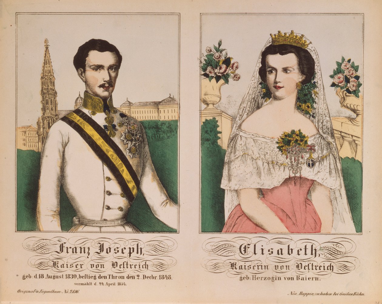 Doppelporträt von Kaiser Franz Joseph I. von Österreich und Kaiserin Elisabeth, aus Neuruppiner Bilderbogen, 1854 von German School