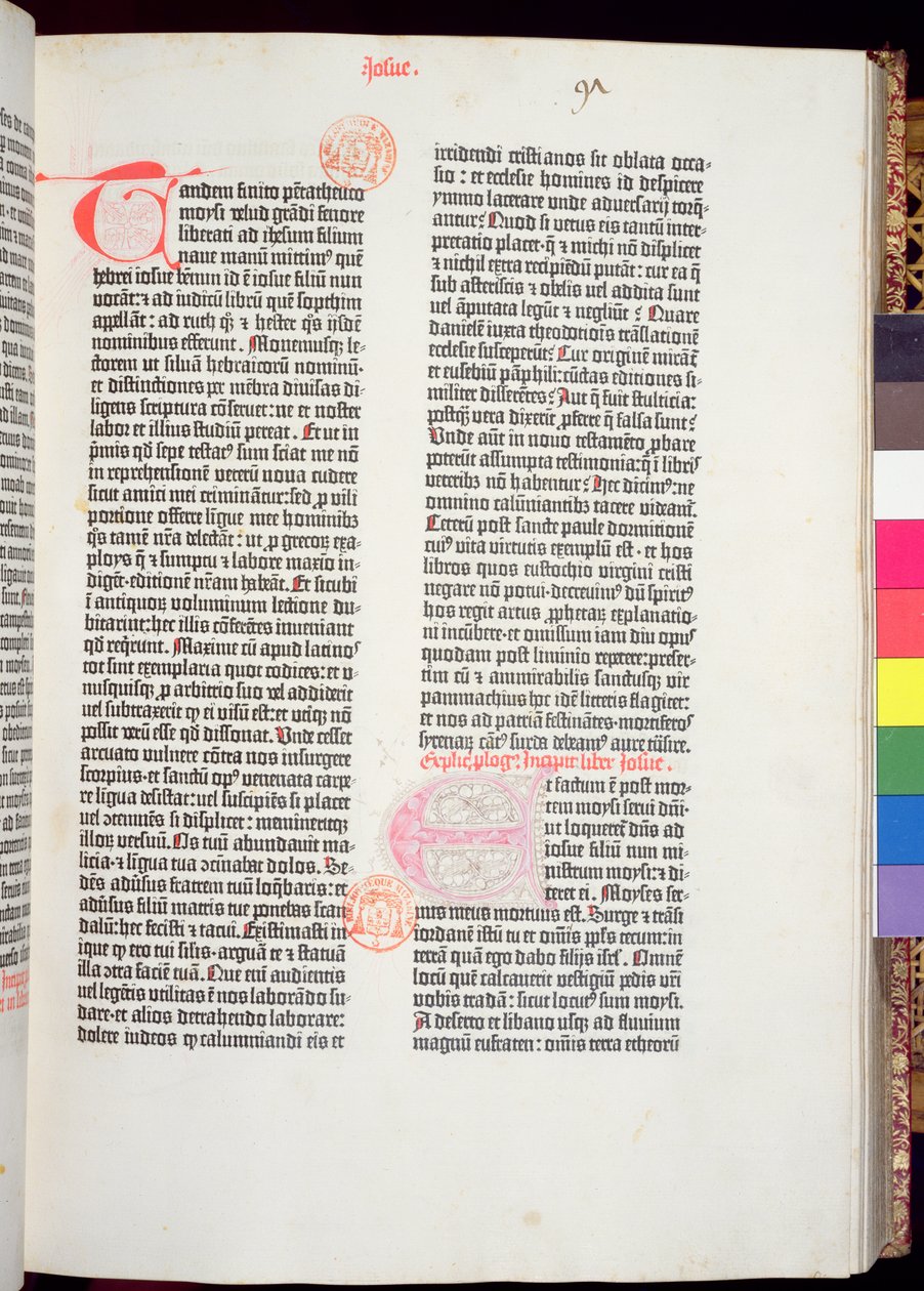 Ende des Pentateuch und Beginn des Buches Josua, aus der Gutenberg-Bibel, gedruckt von Johannes Gutenberg (ca. 1400-68) und Peter Schoeffer (1425-1502) in Mainz, 1454-56 (gedrucktes Papier) von German School