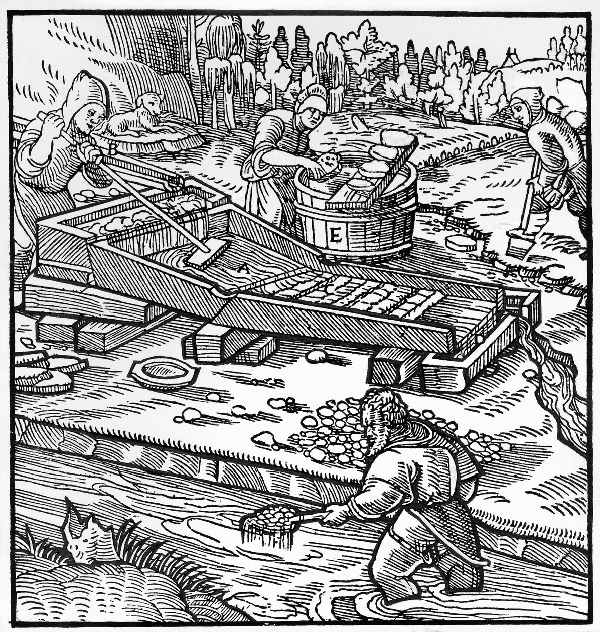 Gravur aus De re metallica (Über die Natur der Metalle), von Georg Pawer oder Georgius Agricola von German School