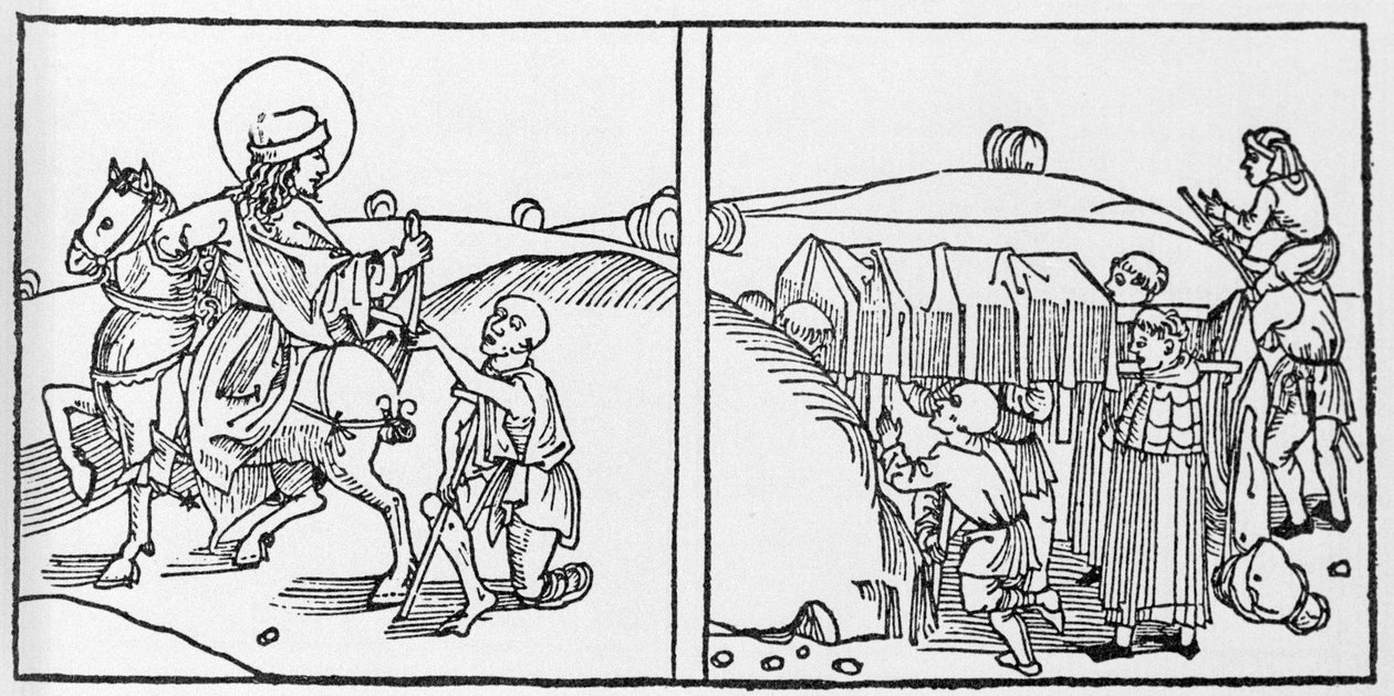 Episoden aus dem Leben des Heiligen Martin. Gravur aus „Leben der Heiligen - Sommerteil“ von Jacobus von Voragine (1228-1298). Lübeck 1488 von German School