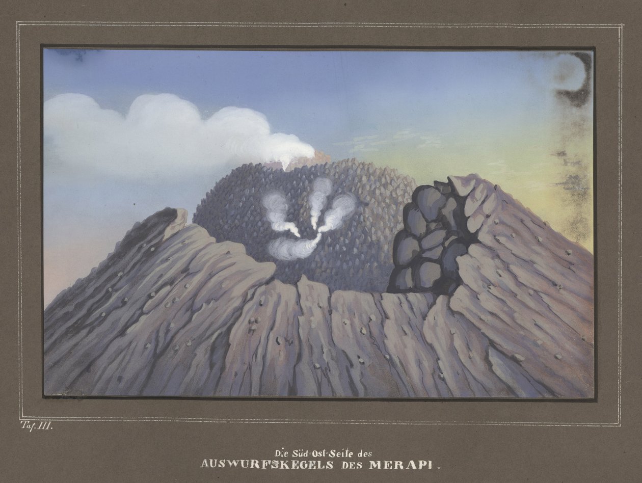 Ausbruch des Mount Merapi, Pl.III, Topographischer und Naturwissenschaftlicher Atlas zur Reise durch Java, von Dr.Fr.Junghuhn, Magdeburg 1845 von German School