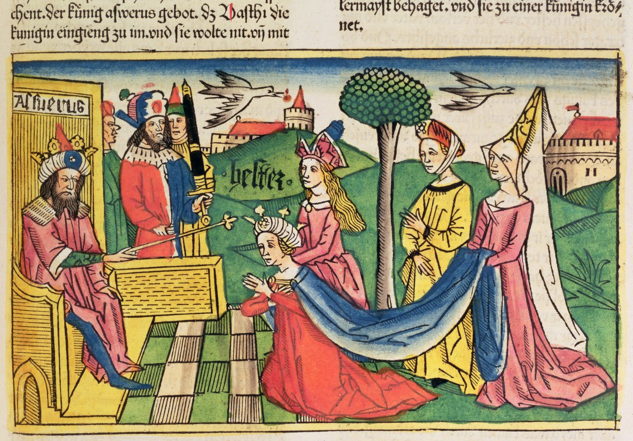 Esther wird von König Ahasverus zur Königin gewählt, aus der Nürnberger Bibel (Biblia Sacra Germanaica) von German School