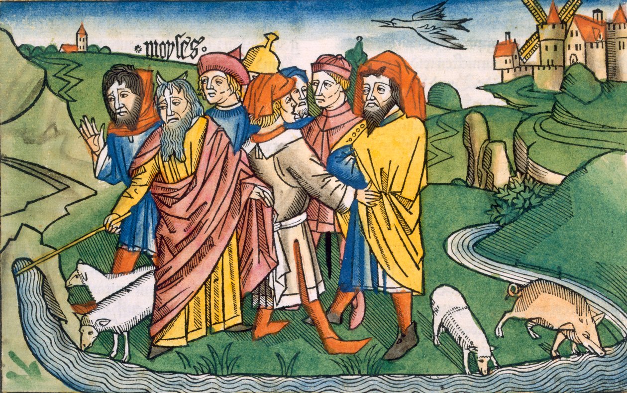 Exodus 17:1-7 Mose lässt das Wasser aus den Felsen von Horeb fließen, aus der Nürnberger Bibel (Biblia Sacra Germanaica) von German School