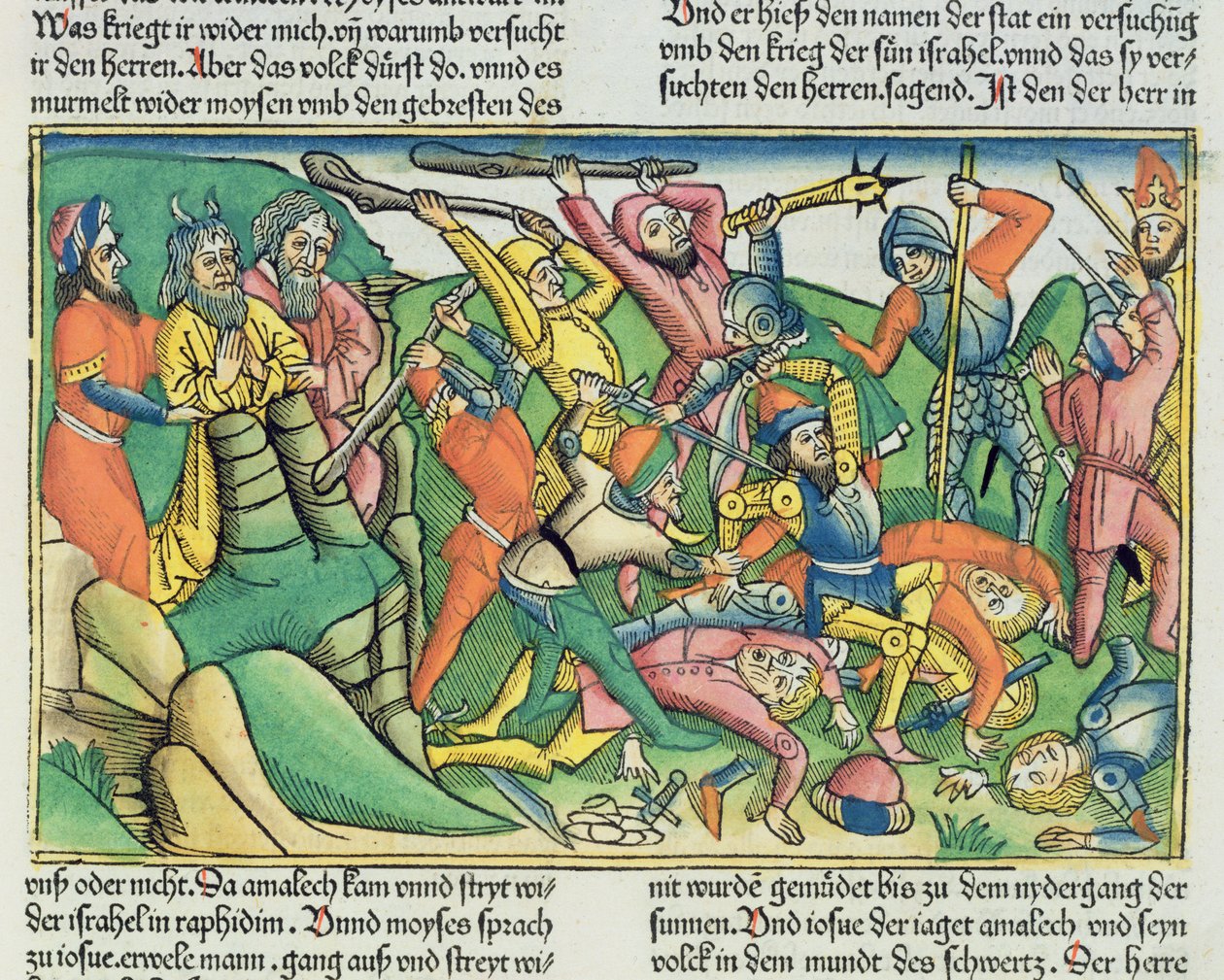 Exodus 17:8-15 Aaron und Hur stützen Moses Hände, um den Sieg der Israeliten über die Amalekiter zu sichern, aus der Nürnberger Bibel (Biblia Sacra Germanaica) von German School