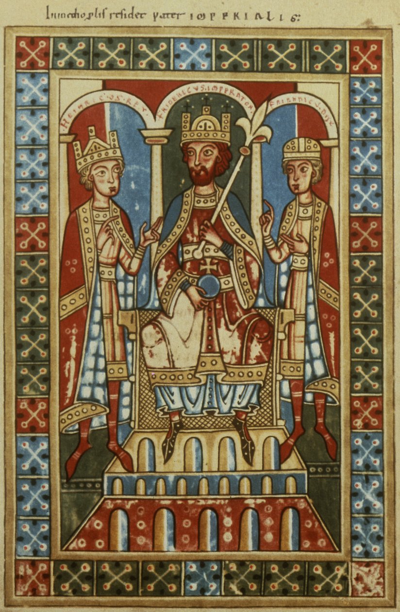 Friedrich I. mit seinen zwei Söhnen König Heinrich VI. und Herzog Friedrich, ca. 1180 von German School