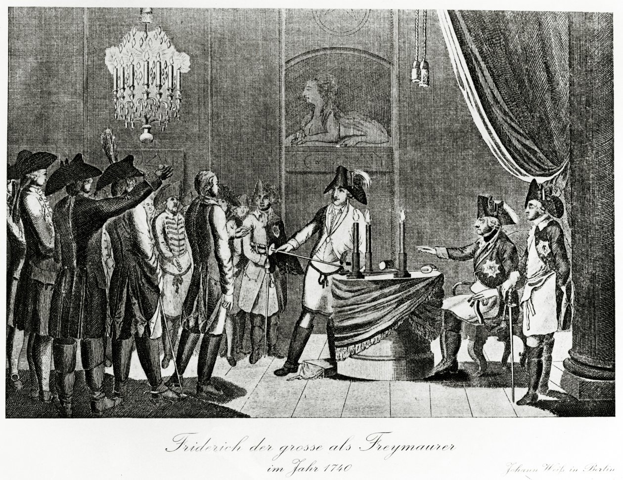 Friedrich der Große empfängt seinen Schwager, Friedrich, Markgraf von Brandenburg-Bayreuth, als Freimaurer in Berlin im Jahr 1740 von German School