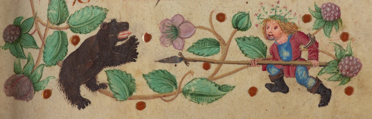 Gekränzter Jäger zu Fuß, der einen Bären speert, ca. 1475-1485 von German School