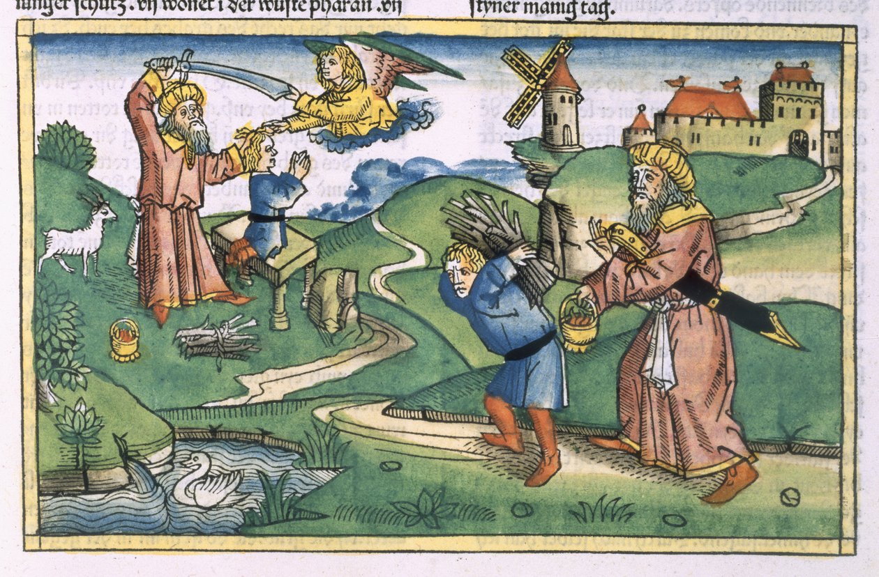 Genesis 21:1-14 Abrahams Opferung Isaaks, aus der Nürnberger Bibel (Biblia Sacra Germanaica) von German School