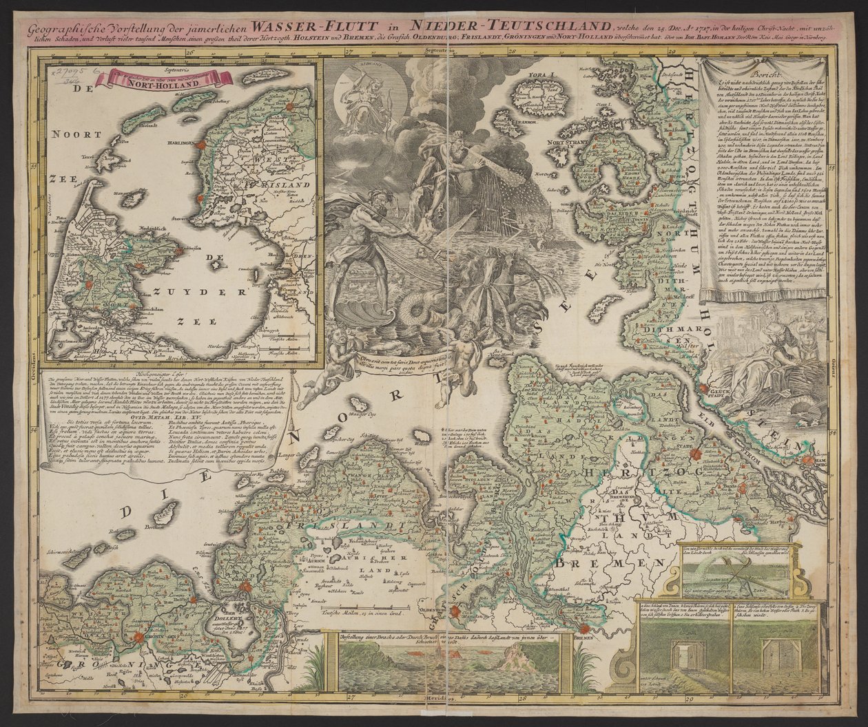 Geografische Darstellung der elenden Wasserflut in Niedergermany, die am 25. Dezember 1717 stattfand, ca. 1718 von German School
