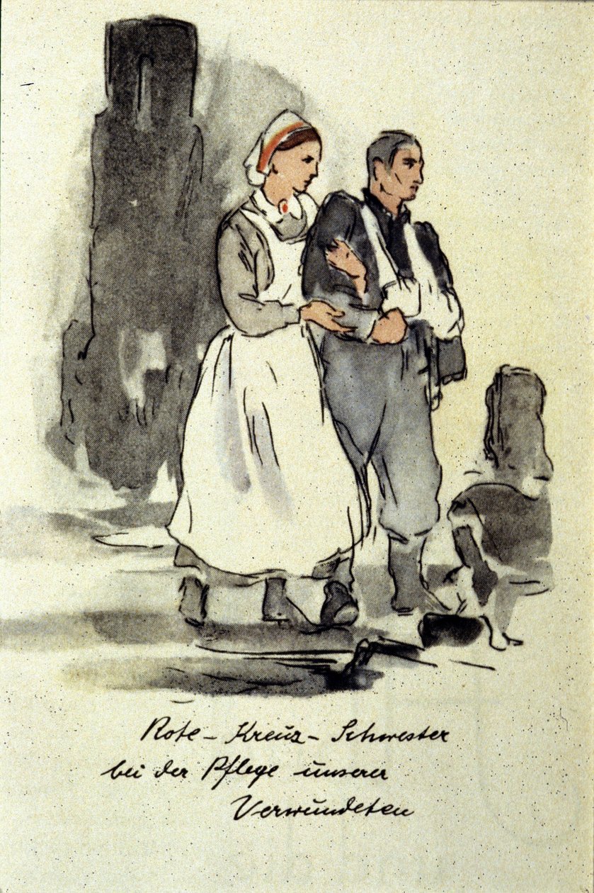 Deutsche Krankenschwester unterstützt einen Verwundeten. 1942 von German School
