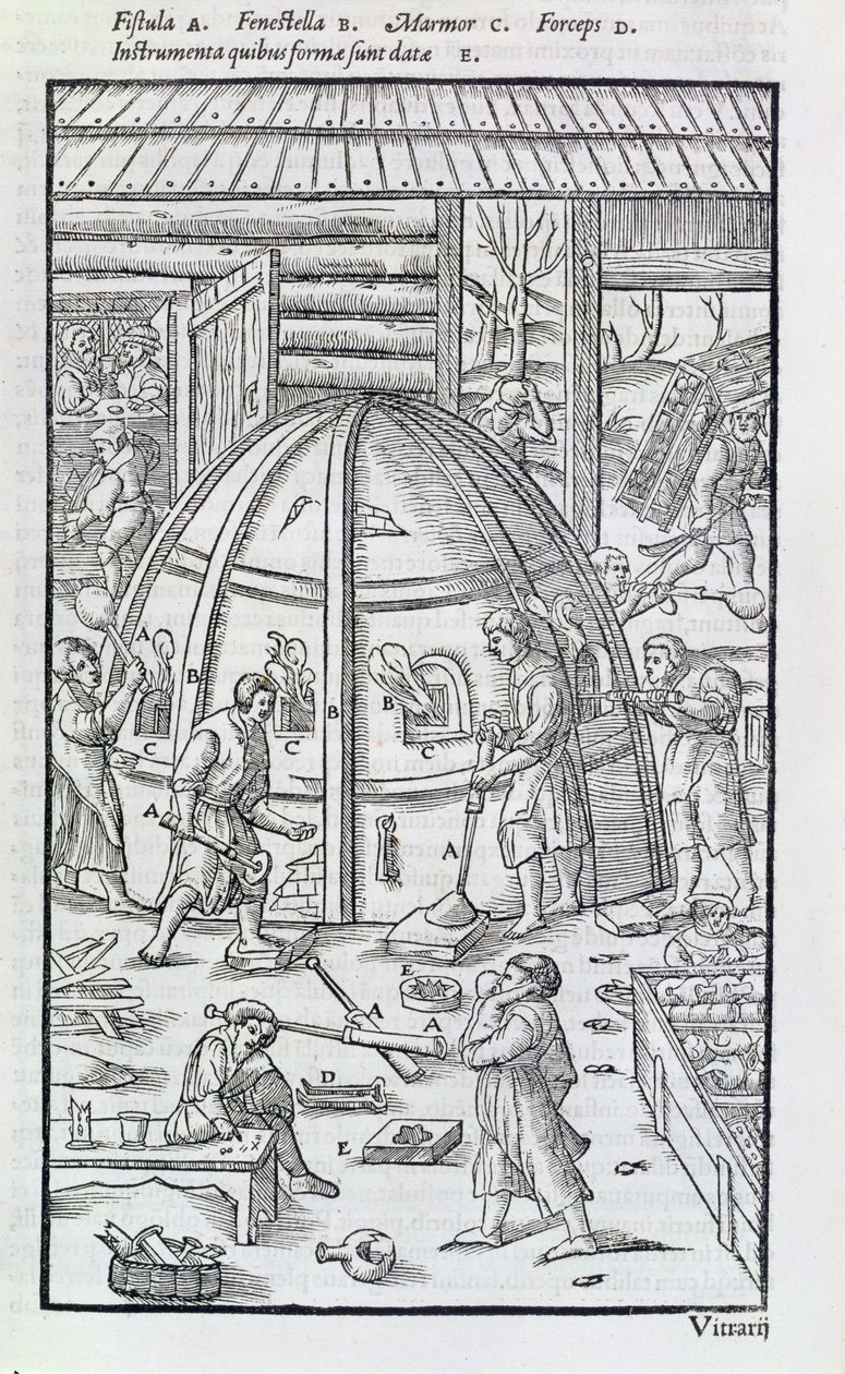 Glashütte, Illustration zeigt den Marmorofen und Glasbläser (Holzschnitt) von German School