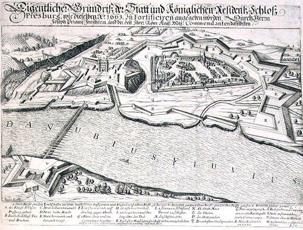 Grundriss der Stadt und Burg von Pressburg und ihrer Befestigungen im Jahr 1663, Illustration aus einem Buch über die osmanischen Feldzüge in Europa, graviert von Paul Furst von German School
