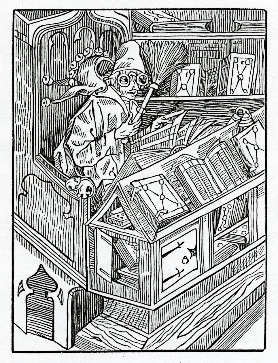 Hier beginnt das Narrenschiff und zuerst die unprofitablen Bücher, Illustration aus Alexander Barclays englischer Übersetzung von 