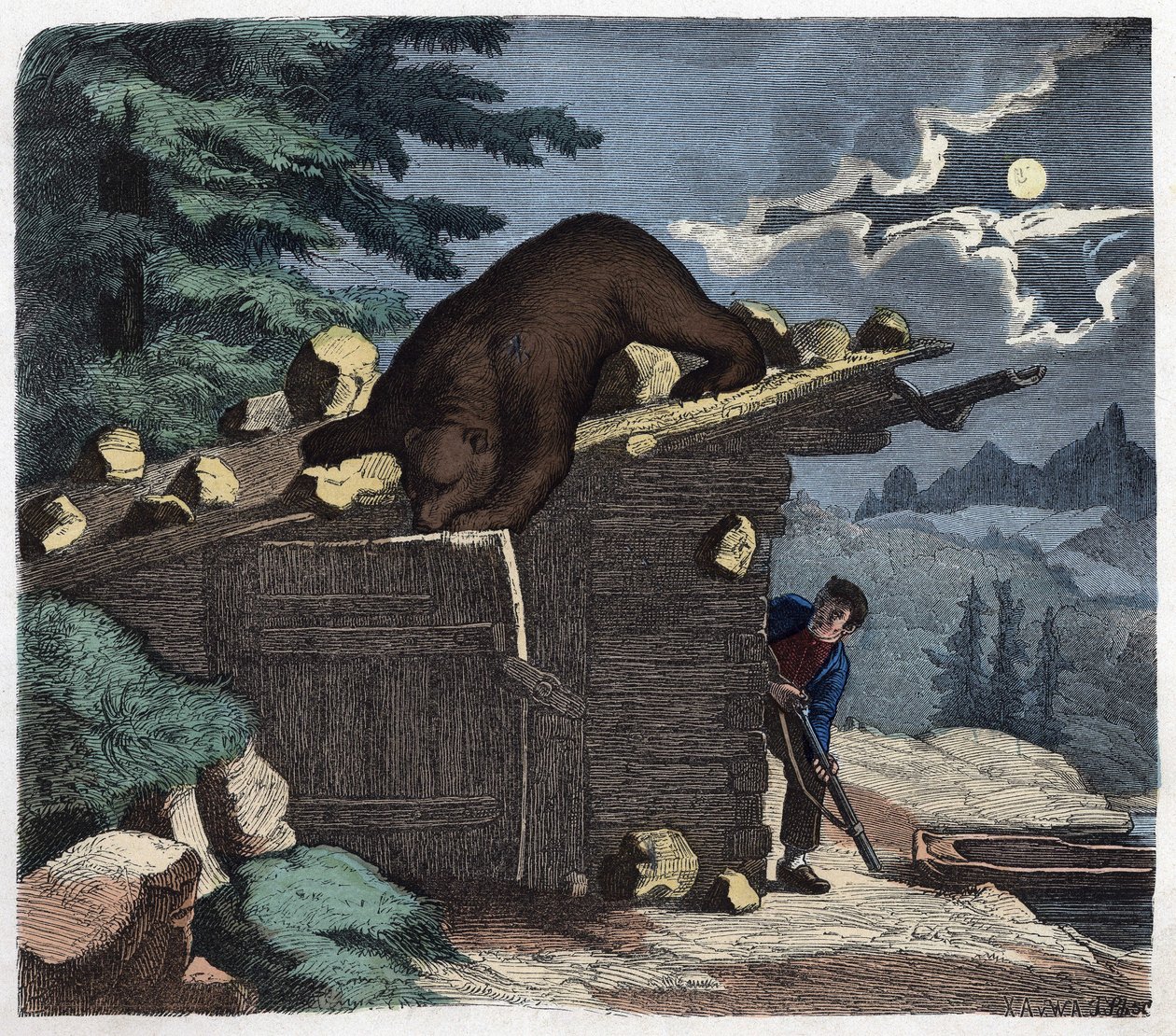 Jäger, die den Bären aus dem Alpenwald töten wollen. In „Wenn Jemand eine Reise tut, so kann er was erzählen“, deutsche Erzählung von Franz Wiedemann. von German School
