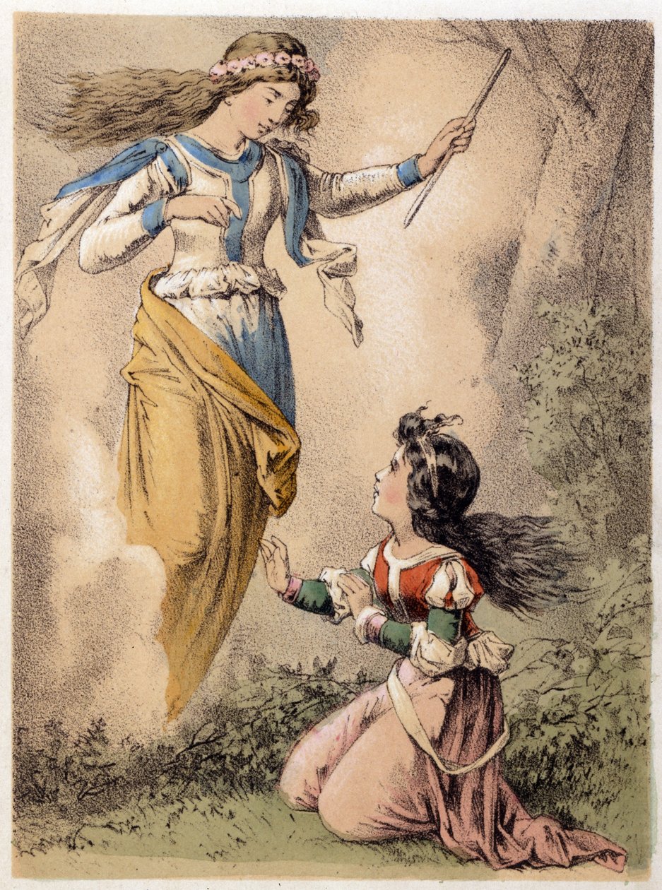 Illustration von Franz Hoffmanns Erzählungen „Tales and Fables - Die 3 Geschenke“: Der Wunsch, der von einer Fee erfüllt wird. Chromolithographie des 19. Jahrhunderts von German School