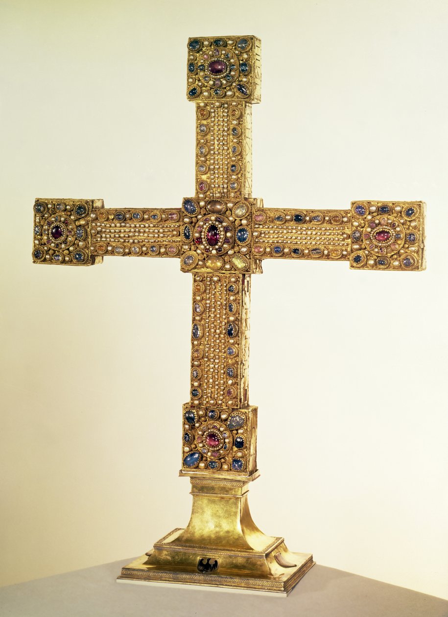 Kaiserliches Kreuz des Heiligen Römischen Reiches aus Eiche, bedeckt mit Goldplatten und verziert mit Perlen und Edelsteinen, Westdeutschland, 1024-25 von German School