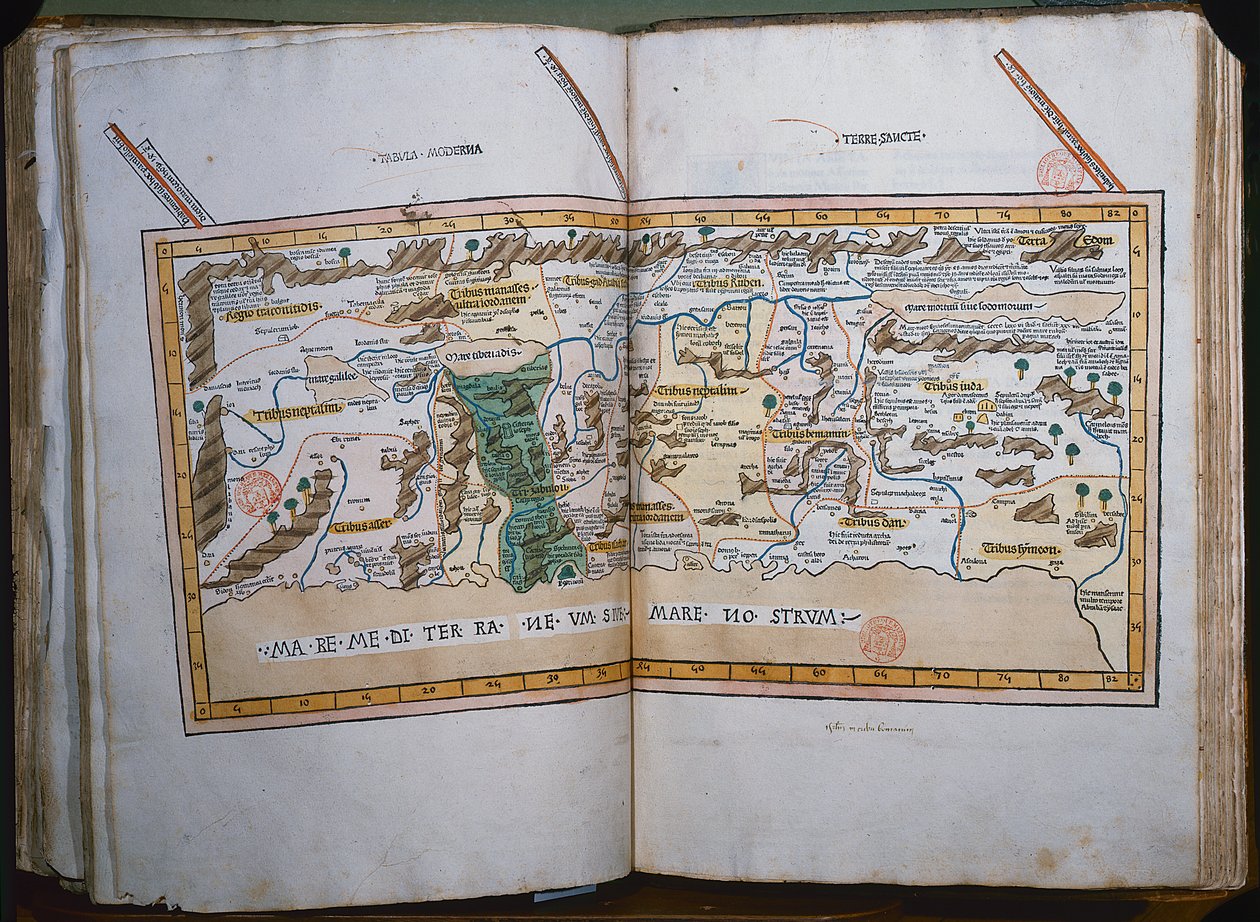 Karte des Heiligen Landes, basierend auf Beschreibungen und Koordinaten in Cosmographica von Ptolemäus (Claudius Ptolemaeus von Alexandria) (ca. 90-168 n. Chr.), veröffentlicht in Ulm, Deutschland, von Johann Reger von German School