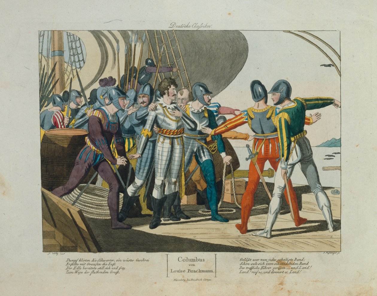 Land, Land! Die Ankunft von Christoph Kolumbus in Amerika, veröffentlicht von Friedrich Campe, Nürnberg, um 1820 von German School