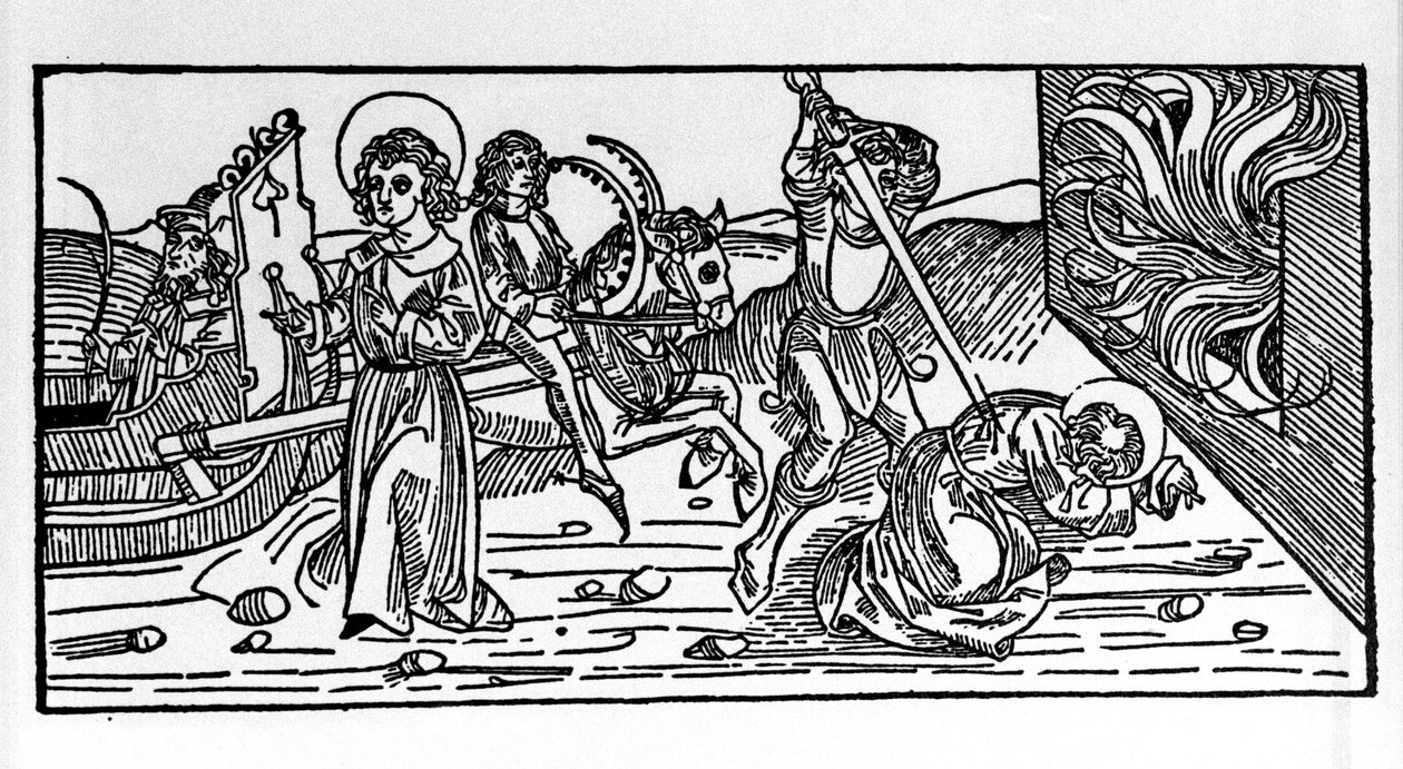 Martyrium des heiligen Polykarp von Smyrna (ca. 69-155), Bischof. Gravur aus dem „Leben der Heiligen - Sommerteil“ von Jacobus von Voragine von German School