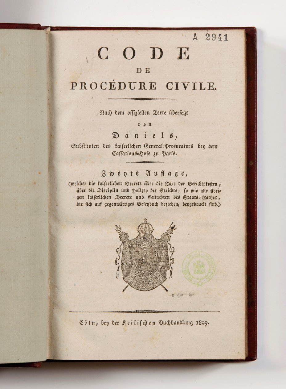 Napoleonischer Zivilprozesskodex für die französischen Departements am linken Rheinufer, geöffnet auf der Titelseite, Köln, 1809 von German School