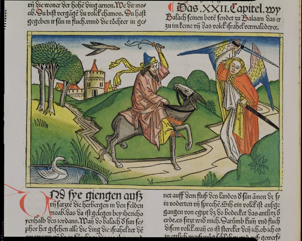 Numeri 22:20-35 Bileams sprechender Esel, aus der Nürnberger Bibel (Biblia Sacra Germanaica) von German School